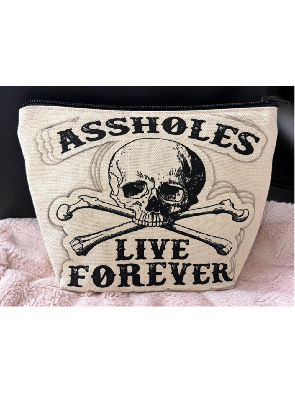 Skull “Assholes Live Forever” Canvas Cosmetic Bag Goth Punk Zip Pouch